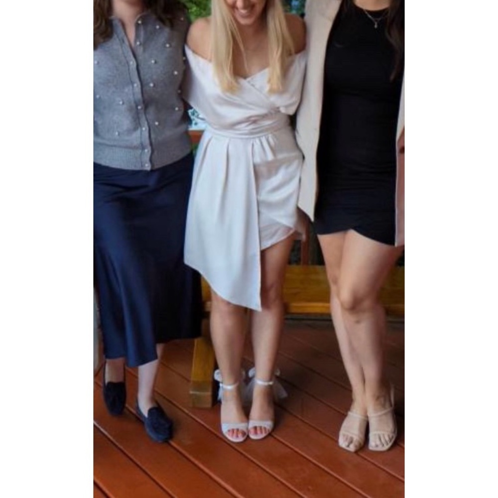 Worn Once - Lulus Always Celebrating Ivory Satin Off-the-Shoulder Mini Dress